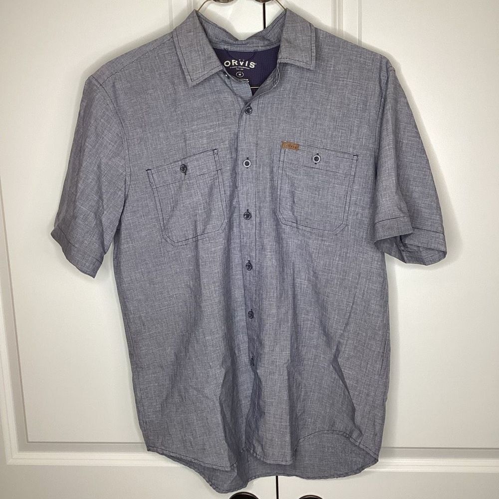 Mens Orvis Short Sleeved Button Down‎ moisture wicking shirt medium Blue